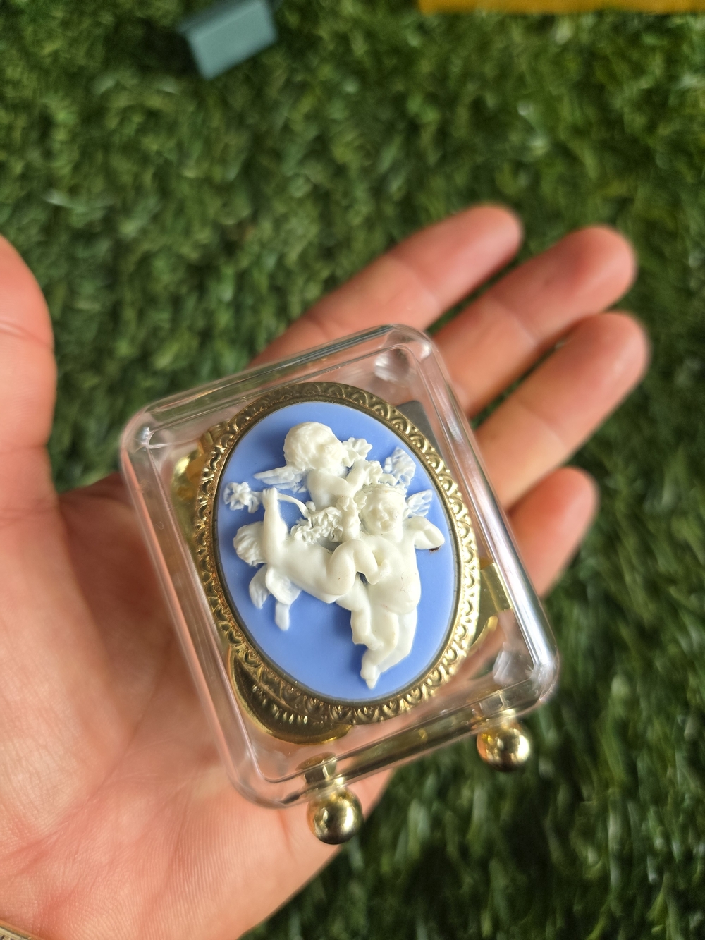 Vintage Sankyo Clear Acrylic Cherub Cameo Music Box - Plays "How Great